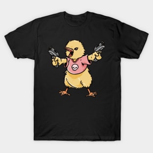 Armed and Adorable: Cute Bird Chick with Dual Guns T-Shirt